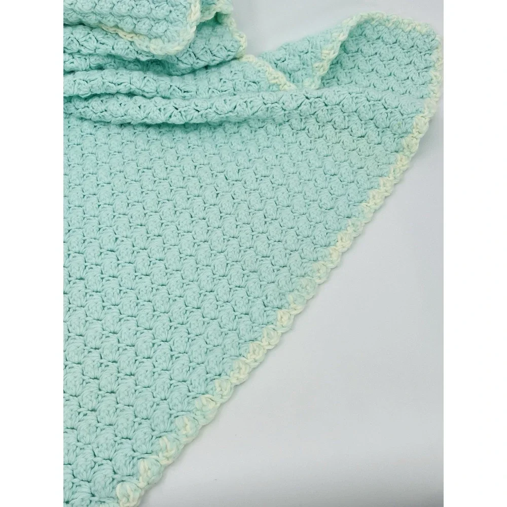 Vintage Hand Knit Crochet Hooded Baby Blanket Sea Green 25